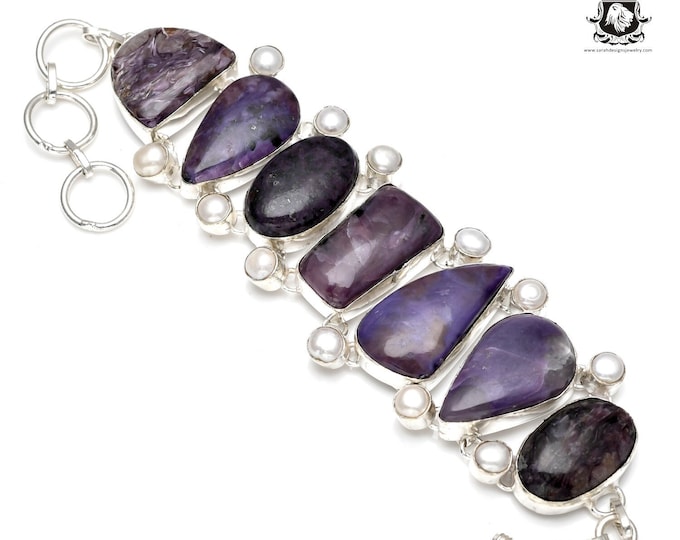 CHAROITE Surrounded By Osaka Pearl 925 Sterling Silver Bracelet B3518