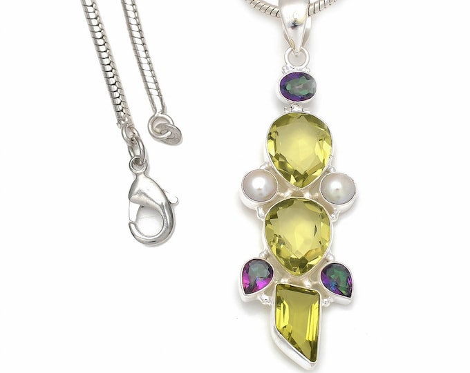 Lemon Topaz Amethyst 925 Sterling Silver Pendant & 3MM Italian 925 Sterling Silver Chain P8571