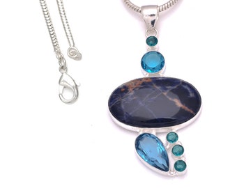 3.3 Inch Canadian Sodalite London Blue Topaz  925 Sterling Silver Pendant & 3MM Italian 925 Sterling Silver Chain P8267