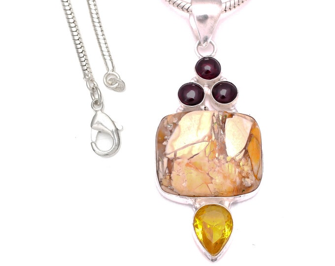 Brecciated Mookaite Citrine Tourmaline 925 Sterling Silver Pendant & 3MM Italian 925 Sterling Silver Chain P8053