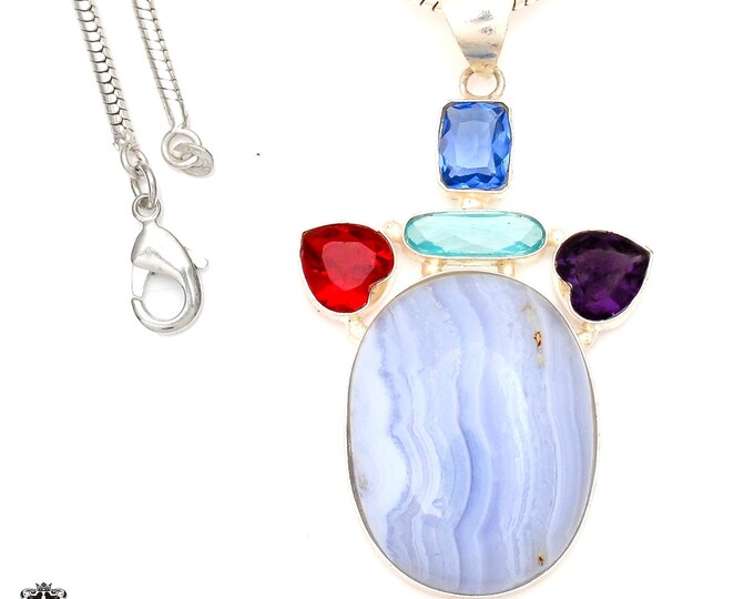 Blue Lace Agate  Pendant & FREE 3MM Italian Snake Chain P7140