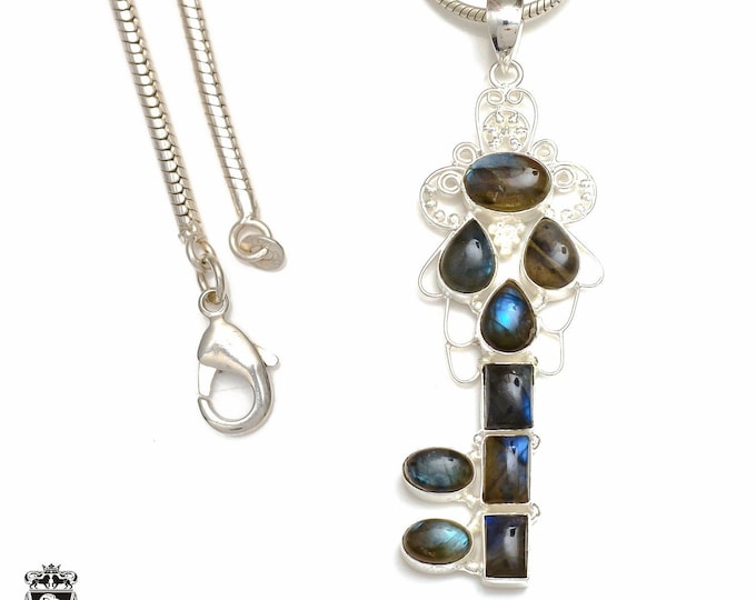 4.5 Inch Canadian Labradorite Key 925 Sterling Silver Pendant & 3MM Italian 925 Sterling Silver Chain P8875