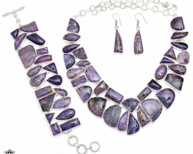 Classy Colors! Charoite Fine 925 Sterling Silver Necklace Bracelet Dangle & Drop Earrings SET786