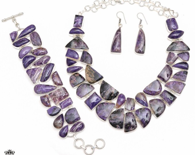 Rare! Charoite Fine 925 Sterling Silver Necklace Bracelet Dangle & Drop Earrings SET782