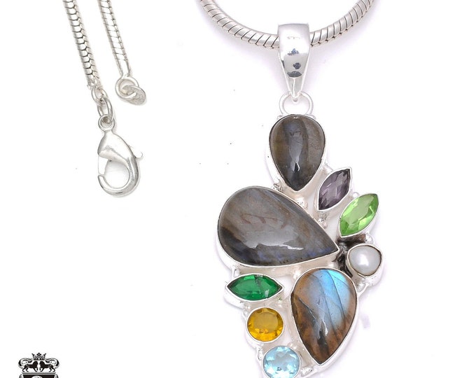 Labradorite 925 Sterling Silver Pendant & 3MM Italian 925 Sterling Silver Chain P7933