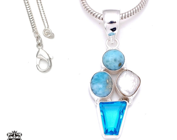 London Blue Topaz Larimar 925 Sterling Silver Pendant & 3MM Italian 925 Sterling Silver Chain P7996