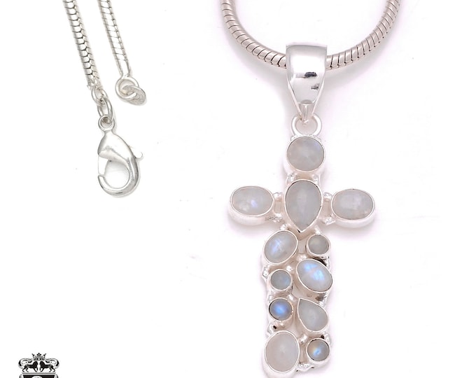 3 Inch Moonstone 925 Sterling Silver Pendant & 3MM Italian 925 Sterling Silver Chain P8001