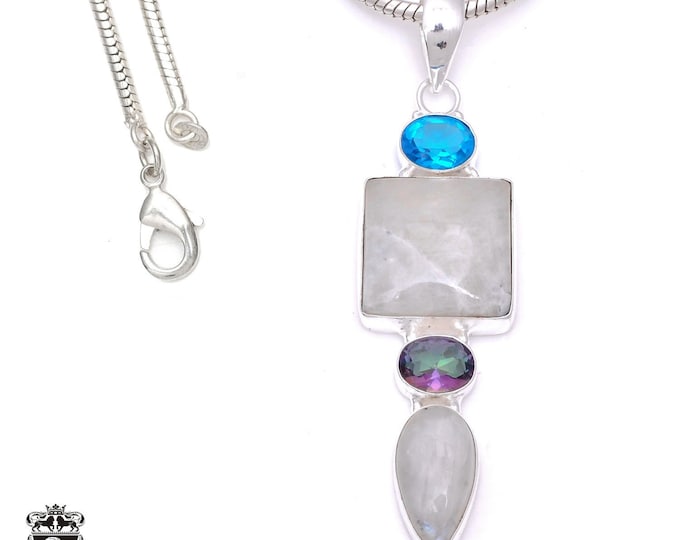 3.6 Inch Moonstone 925 Sterling Silver Pendant & 3MM Italian 925 Sterling Silver Chain P7879