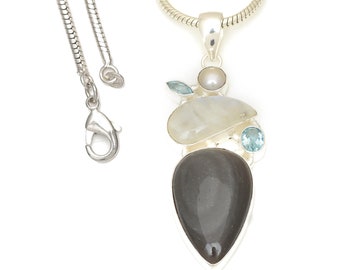 Moonstone Obsidian 925 Sterling Silver Pendant & 2MM Italian 925 Sterling Silver Chain P7724