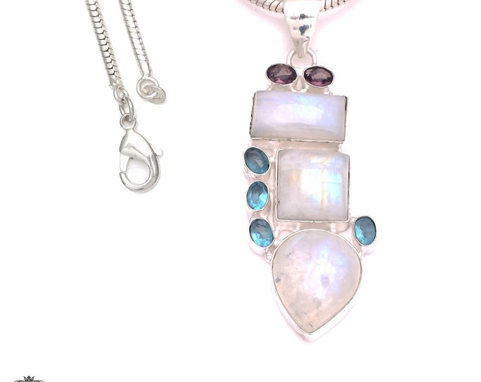 3 Inch Rainbow Moonstone  925 Sterling Silver Pendant & 3MM Italian 925 Sterling Silver Chain P8226