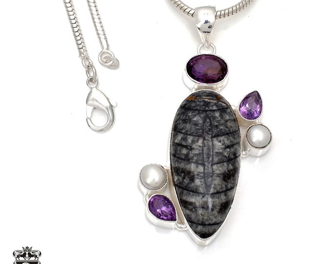 Orthoceras Fossil Amethyst 925 Sterling Silver Pendant & 3MM Italian 925 Sterling Silver Chain Necklace P7808