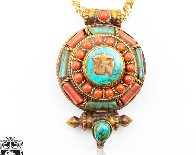 Gold Brushed Antique Coral Turquoise Inlay OM Prayer Box Pendant Np29