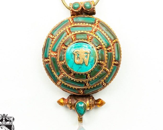 Rare Find 3D GOLD brushed Turquoise Inlay OM Prayer Box Pendant Np42