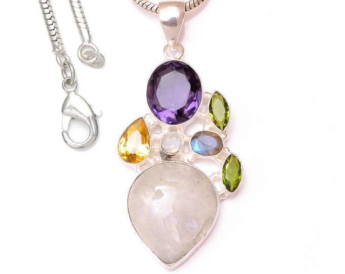 Moonstone Citrine Peridot Iolite 925 Sterling Silver Pendant & 3MM Italian Chain P9571