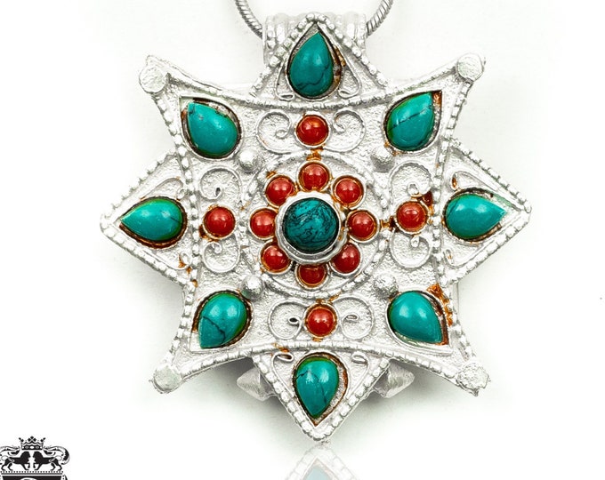 Turquoise Coral Tibetan Star Ghau Amulet Prayer Box Pendant Np37