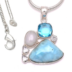 Pingente de topázio azul com pedra da lua Larimar em prata esterlina 925 e corrente italiana de prata esterlina 925 de 2 mm P6645