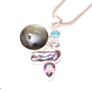 Labradorite Pearl Aquamarine 925 Sterling Silver Pendant & 3MM Italian Chain P9617