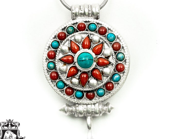 Polished Silver Coral Turquoise CHAKRA Amulet Prayer Box Pendant Np41