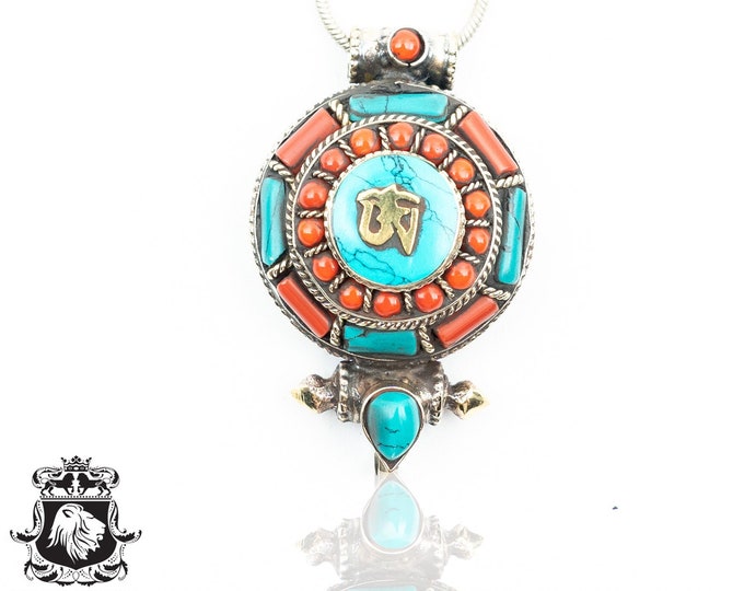 HINDU Antique Silver Coral Turquoise Inlay OM Amulet Prayer Box Pendant Np8