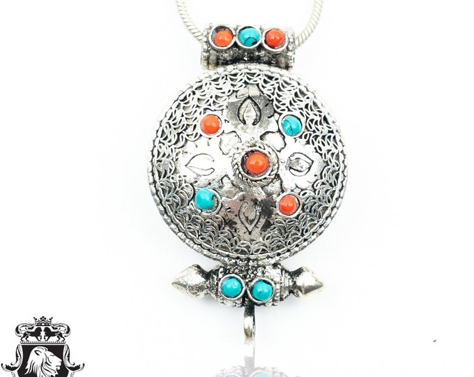 Filigree Antique Coral Turquoise High Elevation GHAU Amulet PRAYER box Pendant Np9