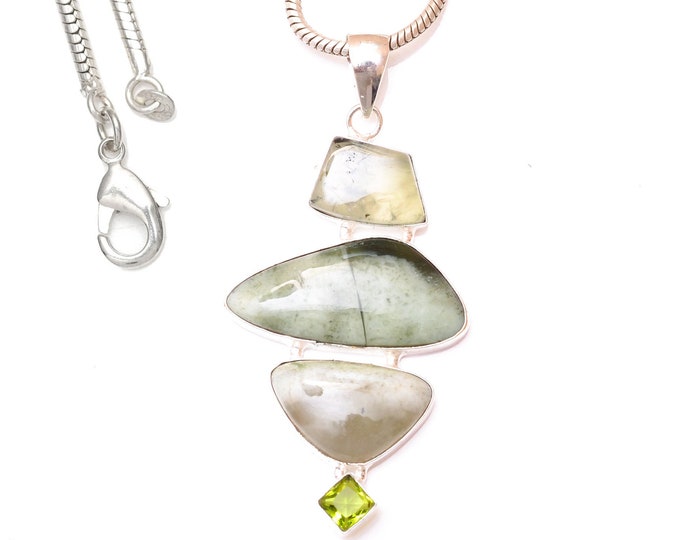 Washington Serpentine Prehnite 925 Sterling Silver Pendant & 3MM Italian Chain P9606