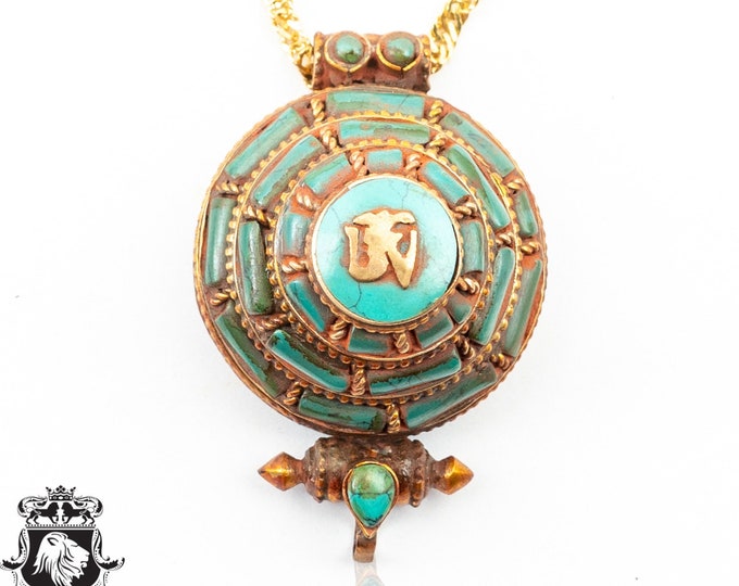 Legendary Masterpiece 3D Gold brushed Antique Turquoise Inlay OM Prayer Box Pendant Np28