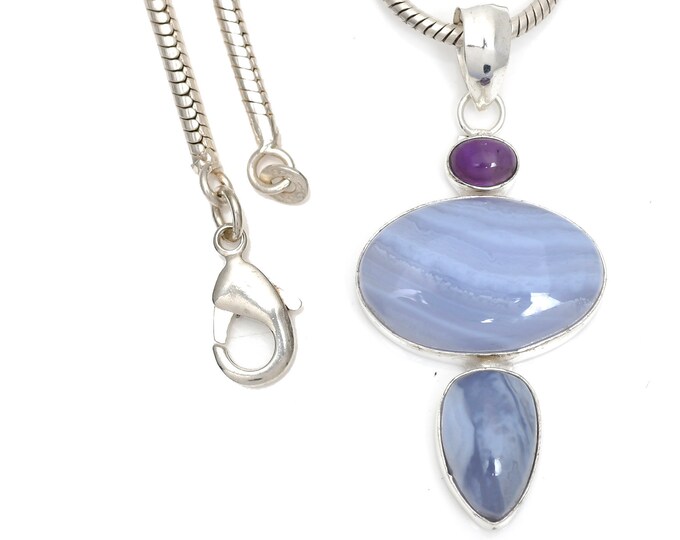 Blue Lace Agate 925 Sterling Silver Pendant & 3MM Italian 925 Sterling Silver Chain P6428