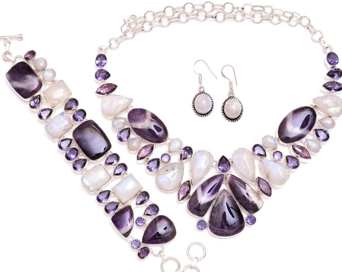 Make Buying Jewelry FUN Again! Chevron Amethyst Moonstone Amethyst Fine 925 Sterling Silver Necklace Bracelet Dangle & Drop Earrings SET1137