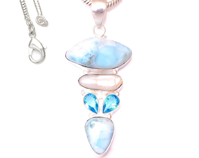 Larimar Blue Topaz 925 Sterling Silver Pendant & 3MM Italian Chain P9665