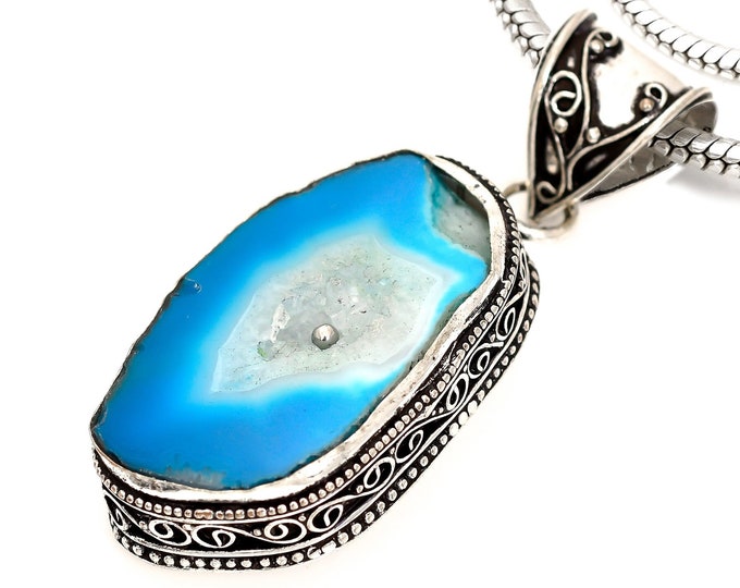 GEODE Agate STALACTITE Pendant & FREE 3MM Italian 925 Sterling Silver Chain V1650