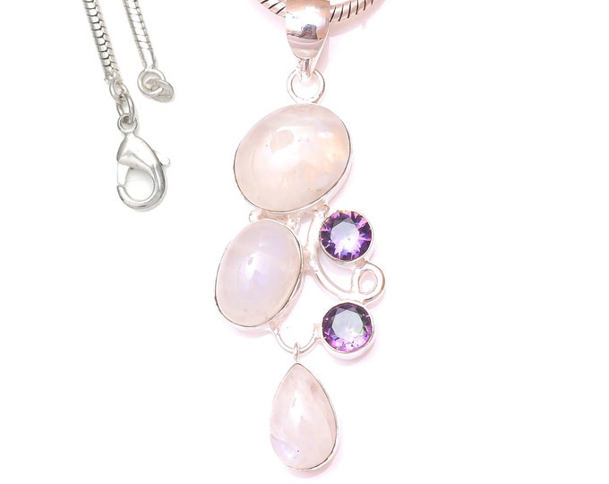 Rainbow Moonstone 925 Sterling Silver Pendant & 3MM Italian Chain P9683