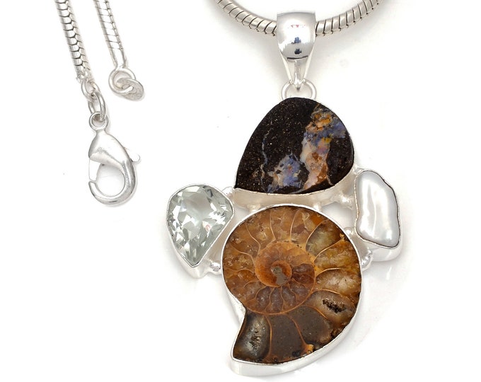 Boulder Opal Ammonite Sterling Silver Pendant & FREE 3MM Italian 925 Sterling Silver Chain P7827