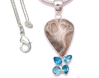 Crazy Lace Agate Blue Topaz 925 Sterling Silver Pendant & 3MM Italian 925 Sterling Silver Chain P6612