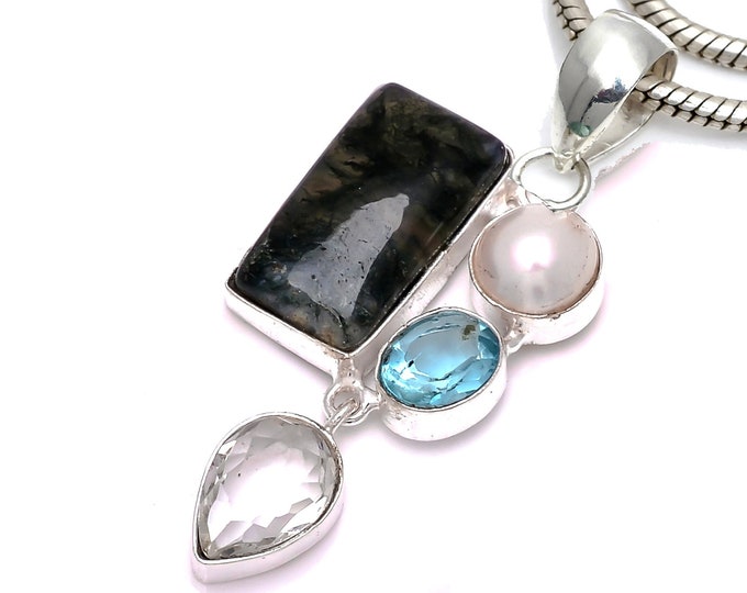 Moss Agate Pearl Blue Topaz 925 Sterling Silver Pendant & 3MM Italian 925 Sterling Silver Chain P6616