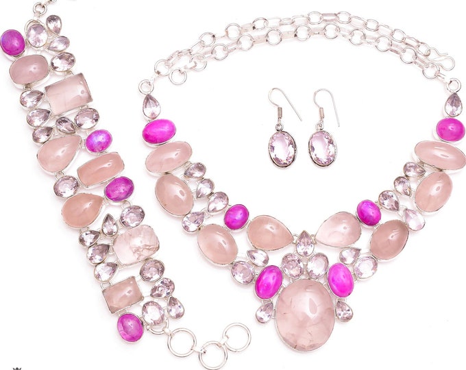 Great Combo! Rose Quartz Pink Moonstone  Rose Quartz Fine 925 Sterling Silver Necklace Bracelet Dangle & Drop Earrings SET1110