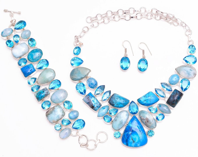 Collector Piece! Blue Dendritic Agate Larimar Fine 925 Sterling Silver Necklace Bracelet Dangle & Drop Earrings SET1136