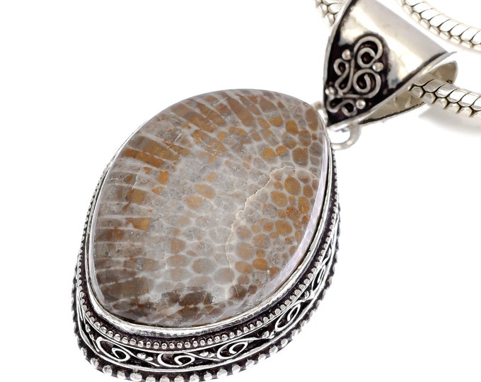 Stingray Coral Fossil Pendant & FREE 3MM Italian 925 Sterling Silver Chain V716