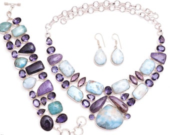 ¡Tranquilizante! Collar, pulsera, pendientes y aretes de plata de ley 925 fina, amatista, larimar y abulón, charoíta, SET 1103