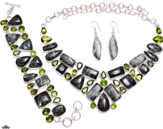 Classy Green! Seraphinite Peridot Fine 925 Sterling Silver Bracelet Necklace Dangle & Drop Earrings SET1101