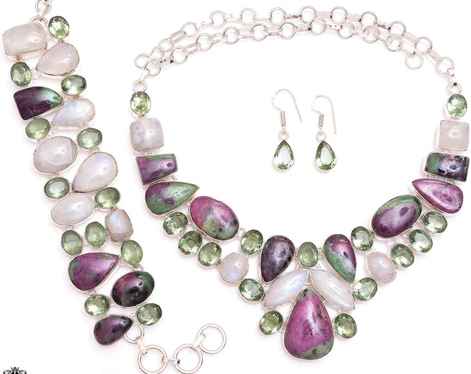 WOW Factor! Ruby Zoisite Moonstone Green Amethyst Fine 925 Sterling Silver Necklace Bracelet Dangle Drop Earrings SET1130