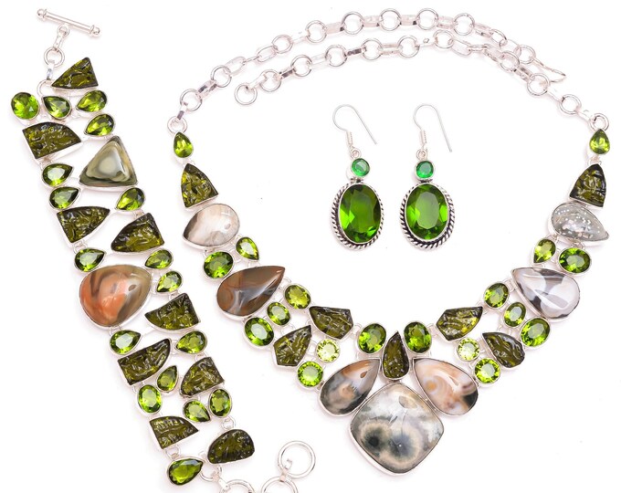 Perfect combination! Ocean Jasper Peridot Fine 925 Sterling Silver Bracelet Necklace Dangle & Drop Earrings SET1131