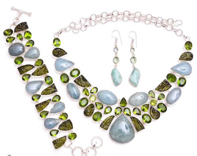 Relaxing and Calming! Aquamarine Peridot Fine 925 Sterling Silver Bracelet Necklace Dangle & Drop Earrings SET1106