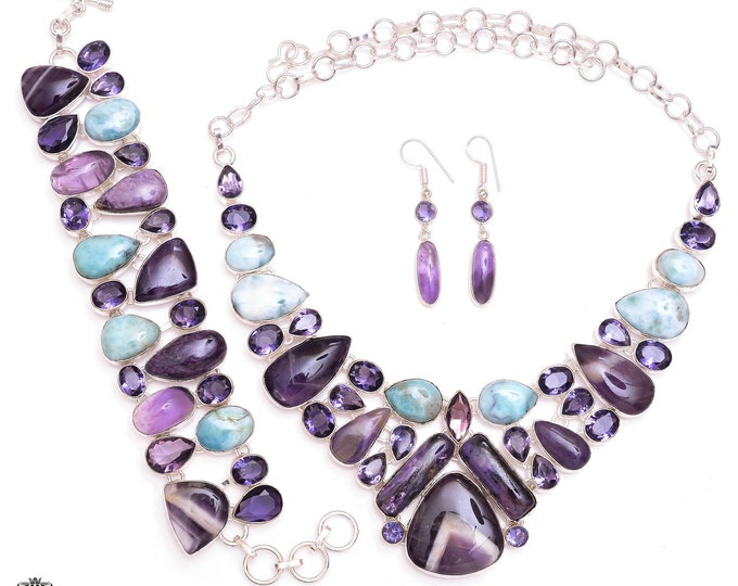 The Real Good Stuff! Chevron Amethyst Moonstone Larimar Fine 925 Sterling Silver  Necklace Bracelet Dangle & Drop Earrings SET1128