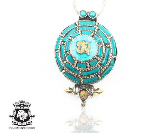 3D Antique Silver Tibetan Turquoise Inlay OM Ghau Amulet Prayer Box NP1