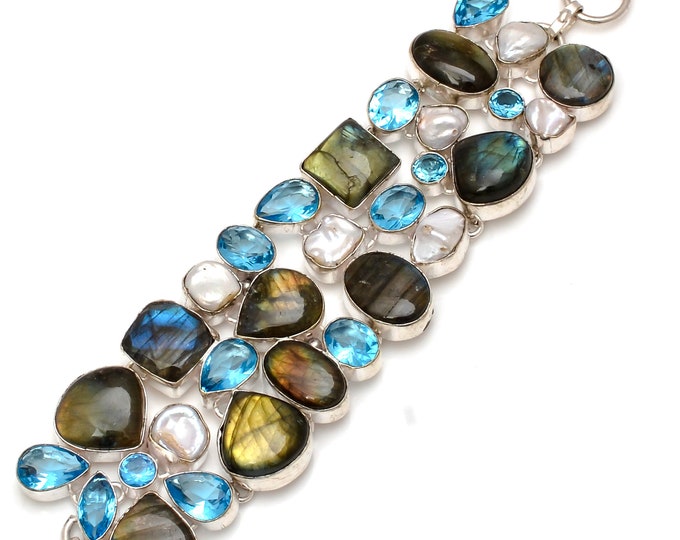 Labradorite Pearl Aquamarine 925 Sterling Silver Bracelet B3729