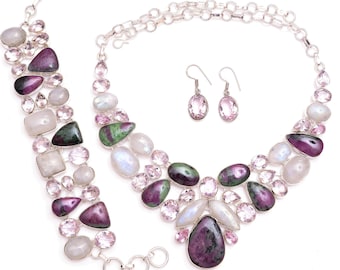 ¡Una elección elegante! Rubí, zoisita, piedra lunar, cuarzo rosa, fina plata de ley 925, collar, pulsera, pendientes y colgantes, SET 1113