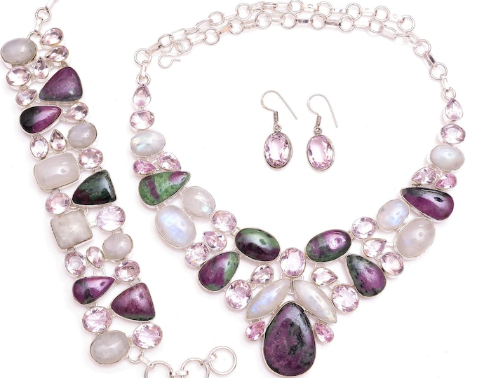 Classy Choice! Ruby Zoisite Moonstone Rose Quartz Fine 925 Sterling Silver Necklace Bracelet Dangle & Drop Earrings SET1113