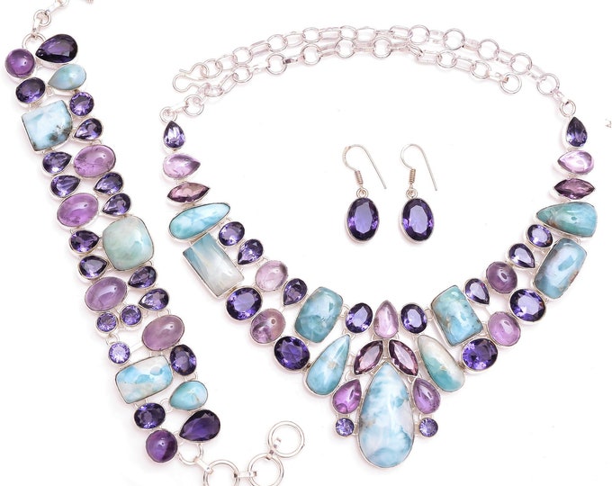 Perfect combination! Larimar Amethyst Ametrine Fine 925 Sterling Silver Necklace Bracelet Dangle & Drop Earrings SET1112