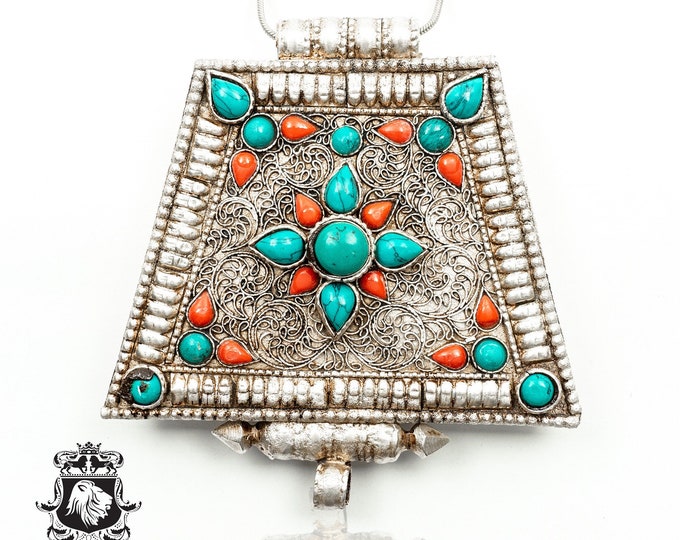 Rare Find! Masterpiece 5 Inch Antique Silver Turquoise Coral Prayer Box Pendant Np30