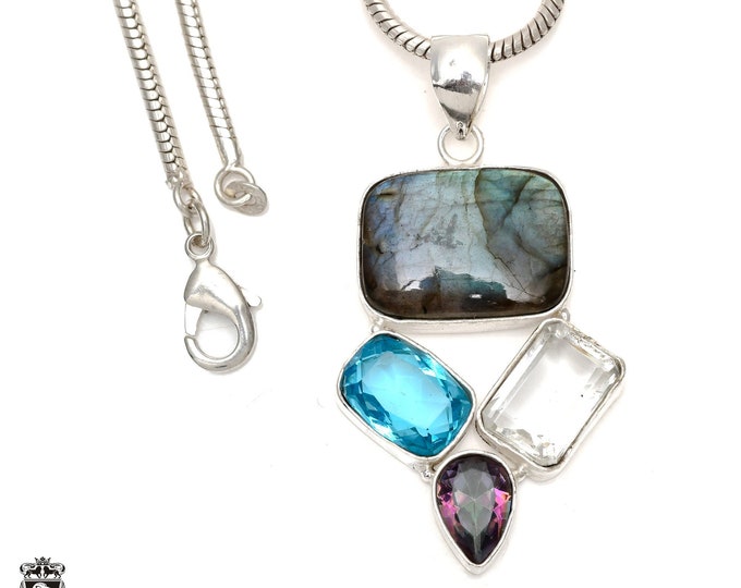 Moss Agate Mystic Topaz Blue Topaz 925 Sterling Silver Pendant & 3MM Italian 925 Sterling Silver Chain P6526